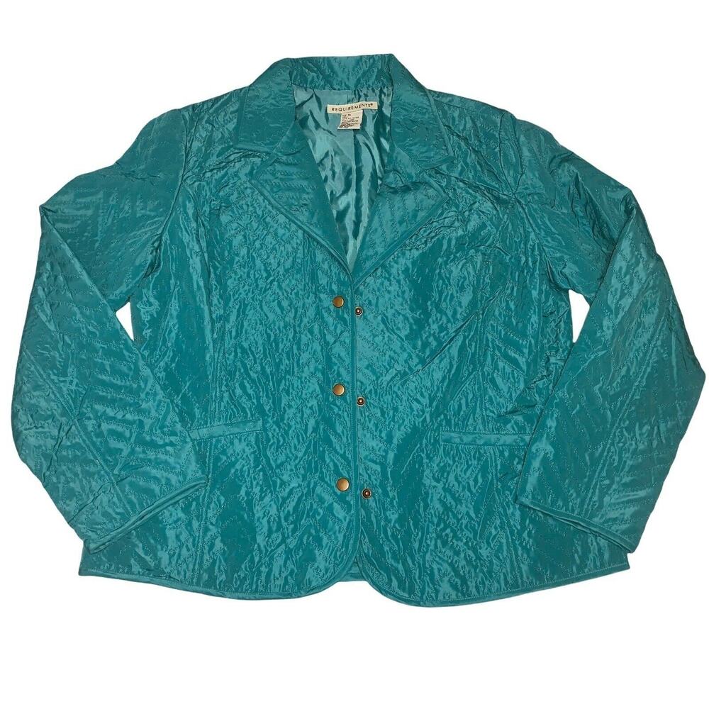 XL Requirements Green Quilted Lined Jacket Blazer Brass Snaps Faux Pockets EUC